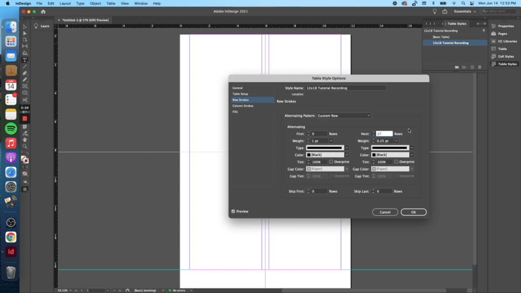 bookbinding paper lines template table setup on indesign