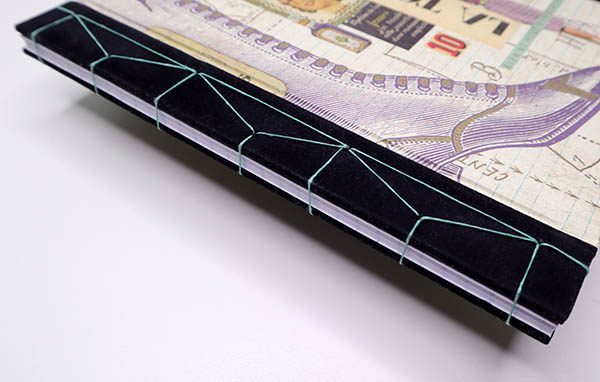 japanese stab bound book binding with loose hemp leaf pattern paper