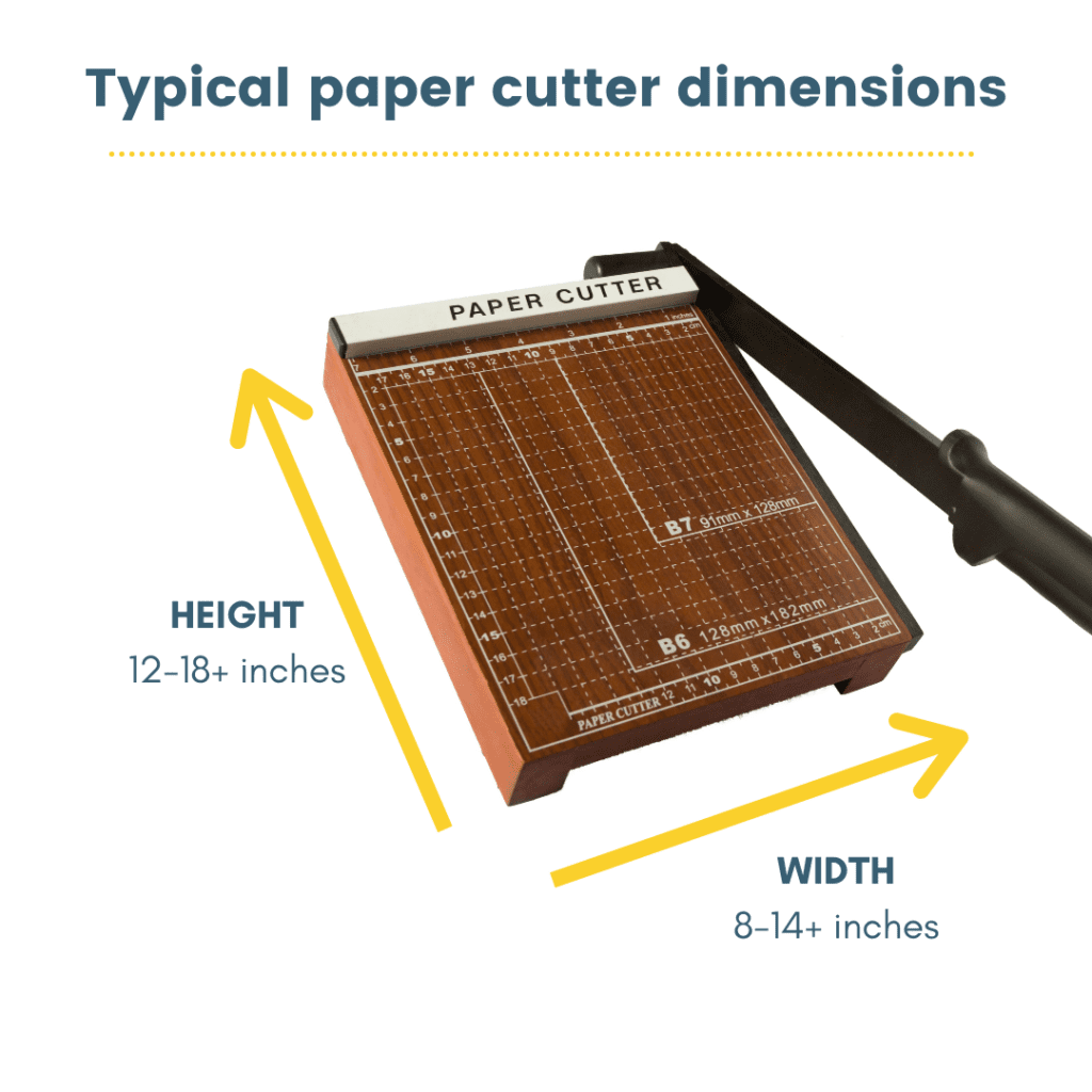 wooden paper cutter for bookbinding with height and width arrows shown in yellow for clarity