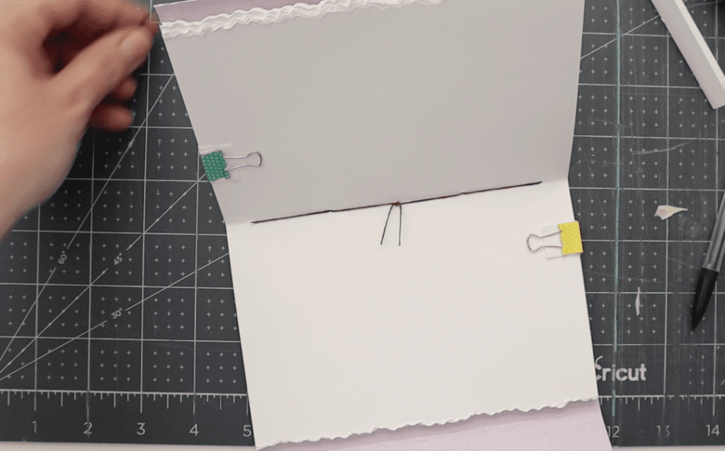 three images showing the sewing process for the 5 hole pamphlet stitch binding