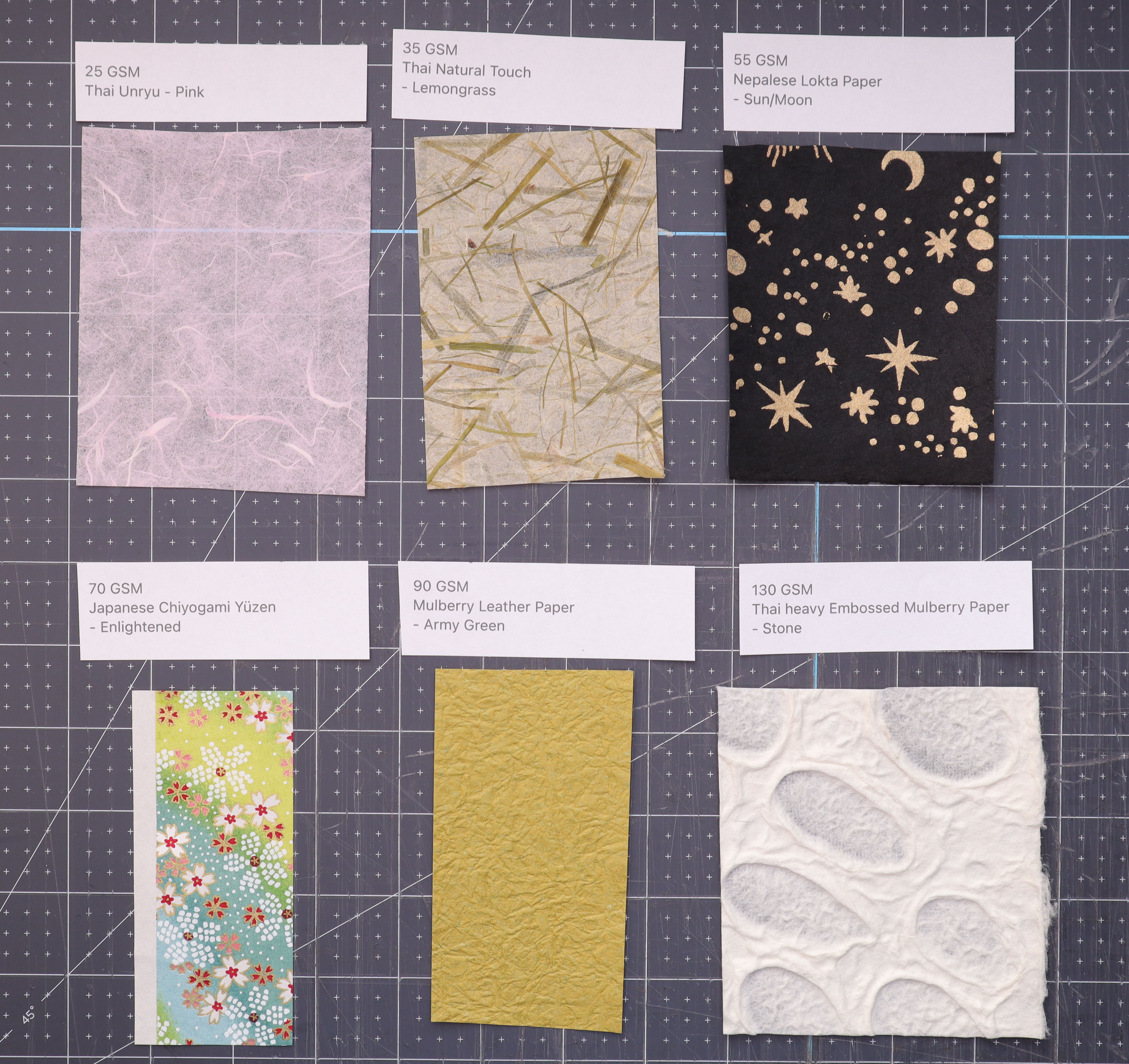 image showing 6 sample sheet of paper ranging in various thickness gsm from 25 to 130 which were used for this experiment and test