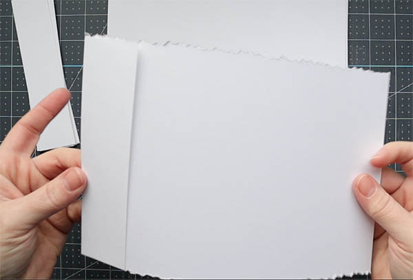 various photos showing how to cut deckle and apply spacers to paper for a romantic photo album