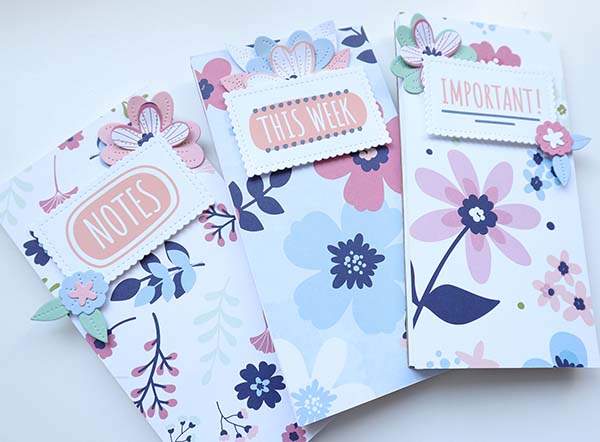 three tear away note pads created with the perfect binding method for binding single sheets or pages