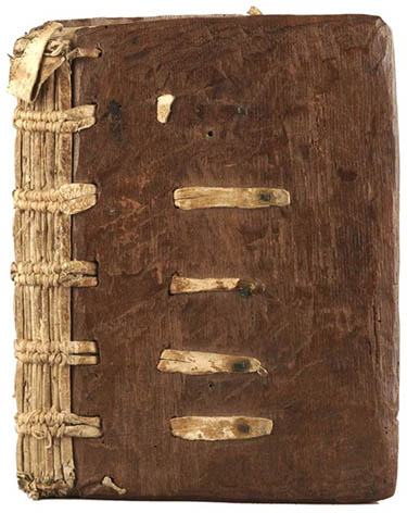 english medieval binding on leather thongs laced into oak boards