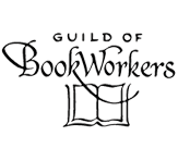 guild of bookworkers logo with an open book on white background with black calligraphy lettering bookbinding organizations