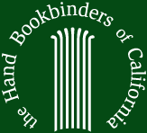 the hand bookbinders of california logo on a deep green background with a top down view of a book and rounded spine