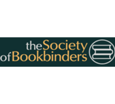 the society of bookbinders logo with a stack of three books side view inside a circle on a very dark green background