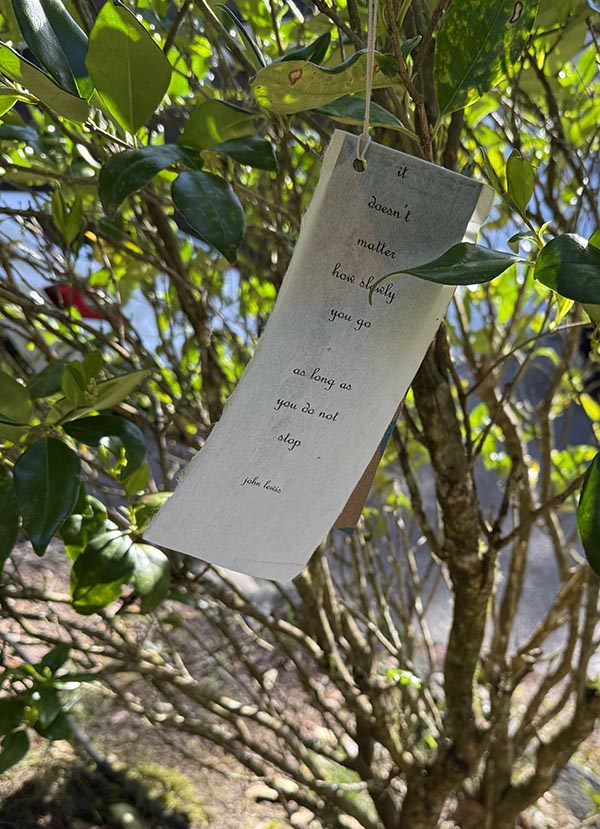 weathergram with white paper hanging on a tree