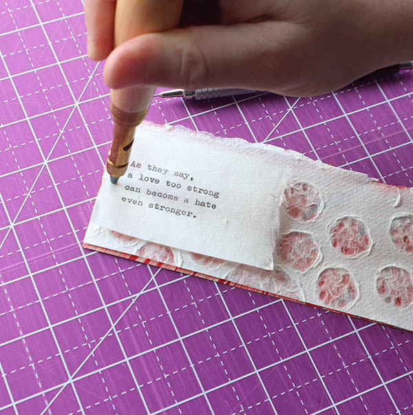 punch a hole in the weathergram layers using a screw punch or awl and be sure to press hard